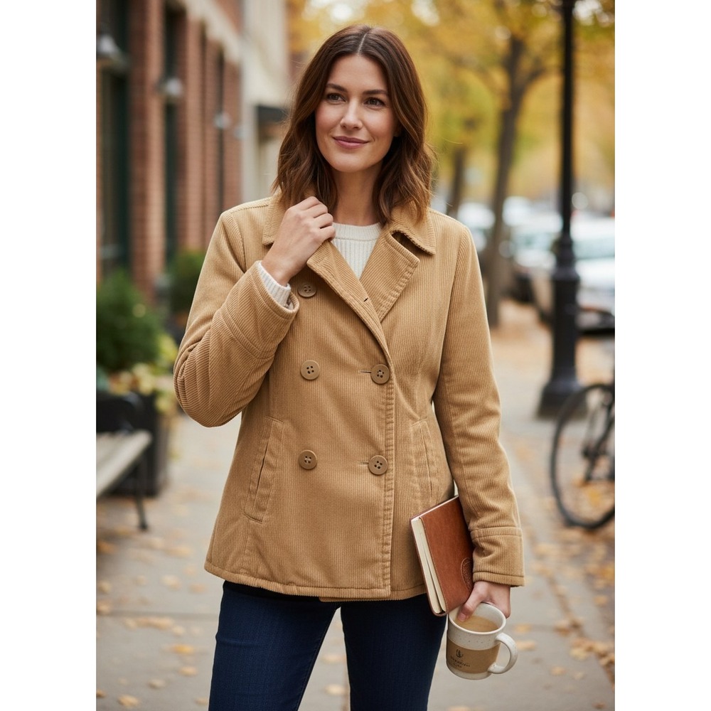 Vintage St. John's Women's Bay Camel Corduroy Pea Coat - Size L